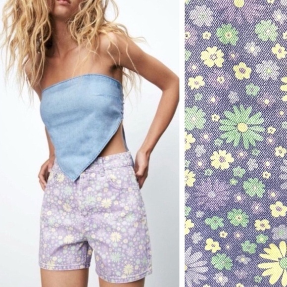 ZARA Floral High Waisted Denim 70s Shorts Lilac, Size US 4 (EU 36) - Picture 1 of 9